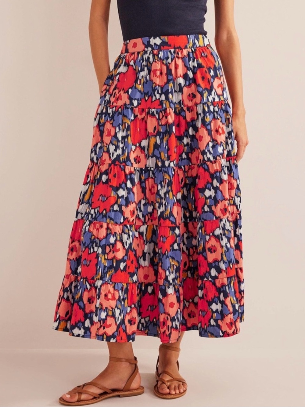 Boden Tiered Poplin Midi Skirt Poppy Floral